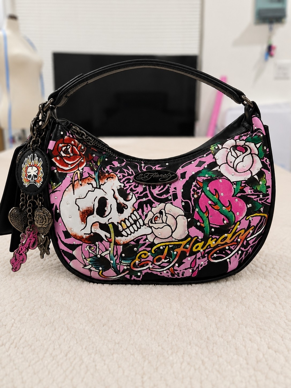 Ed Hardy Pink Skull Rose Rhinestone Hobo Shoulder Bag NWT